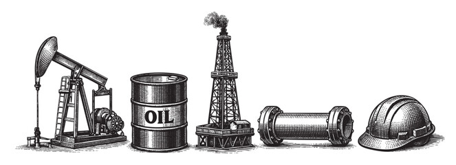 A detailed black and white illustration showcases vintage oil industry equipment including a pump jack, oil barrel, drilling rig, pipeline segment, and hard hat arranged horizontally.