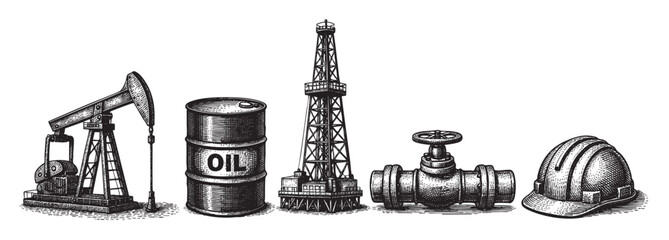 A collection of engraved style illustrations of oil industry equipment, including a pumpjack, barrel, rig, valve, and hard hat, set against a white background for versatile use.