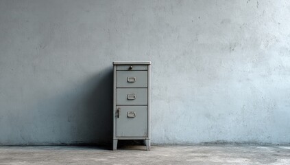 A solitary, gray metal cabinet with three drawers and a handle, placed against a textured concrete wall, casting a shadow