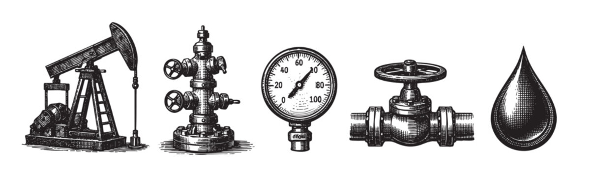 A black and white, retro engraving style illustration showcasing essential oil industry equipment: a pump jack, wellhead, pressure gauge, valve, and a drop of oil, against a clean white background.