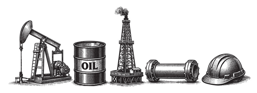 A detailed black and white illustration showcases vintage oil industry equipment including a pump jack, oil barrel, drilling rig, pipeline segment, and hard hat arranged horizontally. - Powered by Adobe