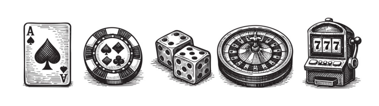 A row of classic casino gambling objects including an ace of spades playing card, poker chip, dice, roulette wheel, and a slot machine, rendered in a black and white woodcut engraving style.