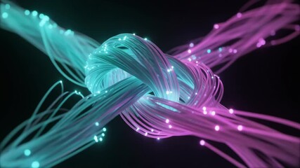 Abstract visualization of interconnected fiber optic cables creating a complex knot illuminated by vibrant cyan and magenta light, representing data flow and network connections