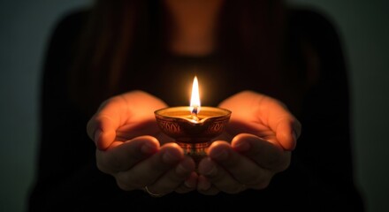 Close-up of cupped hands holding a small, glowing candle in a dark setting, symbolizing hope or remembrance.