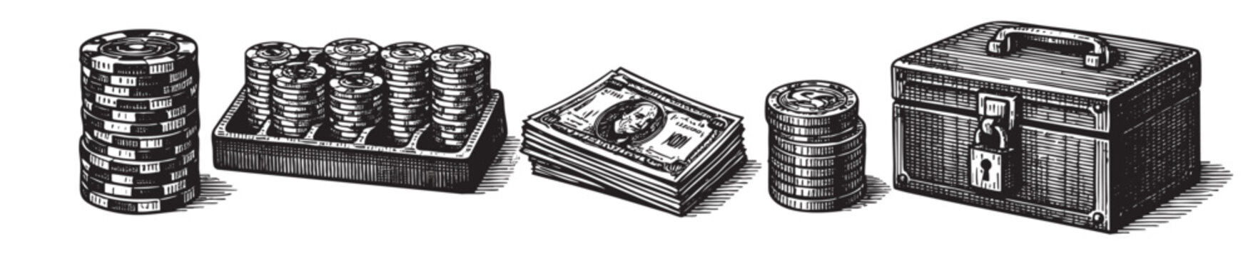 A vintage style illustration in black and white depicts stacks of poker chips, cash money, coins, and a locked chest, representing wealth, gambling, and security.