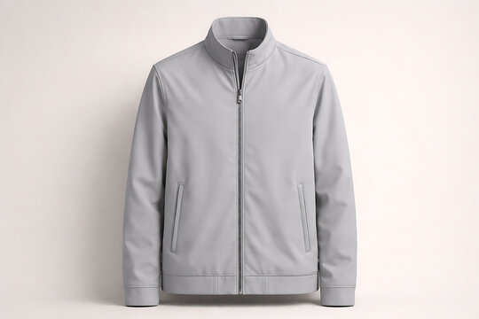 Minimalist light grey zip up bomber jacket with stand collar and clean lines for versatile mens spring fashion and contemporary urban casual wear