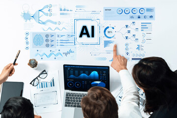 A futuristic AI dashboard for business intelligence. This platform showcases advanced data analytics, processing complex information into visual charts and graphs for strategic insights. Fermion