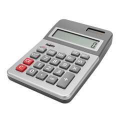 A gray and silver electronic calculator with red buttons isolated on transparent background