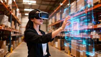 Woman using VR in warehouse
