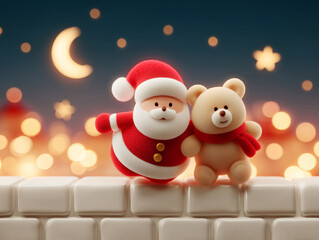 Christmas illustration featuring Santa Claus walking with a teddy bear on a rooftop under a glowing night sky in a soft and warm festive style