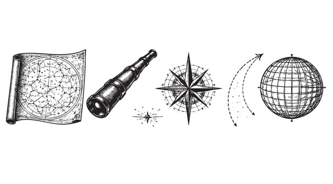 A hand-drawn illustration features navigational elements like a vintage star chart scroll, a telescope, a compass rose, and a globe with dotted directional arrows.