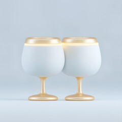 Minimal luxury illustration of elegant glassware with gold accents on clean background, modern soft 3D style