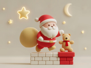 Christmas illustration of Santa Claus jumping over chimney with teddy bear, joyful festive soft 3D character style