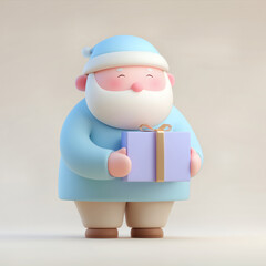 3D Christmas character illustration of Santa Claus holding a wrapped gift box for holiday greeting design in a soft and minimal style
