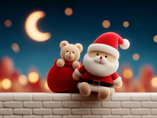 3D Christmas illustration of Santa Claus sitting on a brick wall with teddy bear in a gift sack against a dreamy winter night background