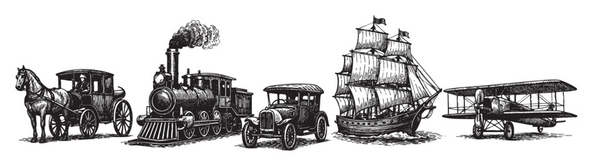 Naklejka premium A black and white illustration depicts a timeline of transportation, featuring a horse-drawn carriage, steam train, early automobile, sailing ship, and biplane.