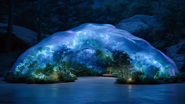 Colorful Lights Shine on a Water Feature While Plants Surround the Bright Display During Nighttime Hours