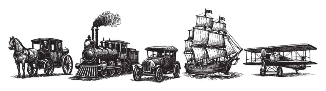 A black and white illustration depicts a timeline of transportation, featuring a horse-drawn carriage, steam train, early automobile, sailing ship, and biplane.