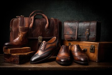A still life showcases various worn leather items on a wooden surface, including shoes, luggage, and a small box, lit dramatically
