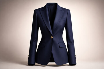 Luxury dark blue feminine suit jacket with gold button detail and contoured fit for high end designer office wear and formal evening events