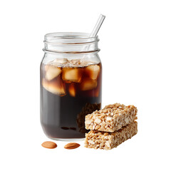 Cold brew coffee with granola bars PNG isolated on transparent background