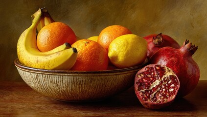 A still-life captures vibrant fruits overflowing from a textured ceramic bowl, on a wooden table, against a warm backdrop