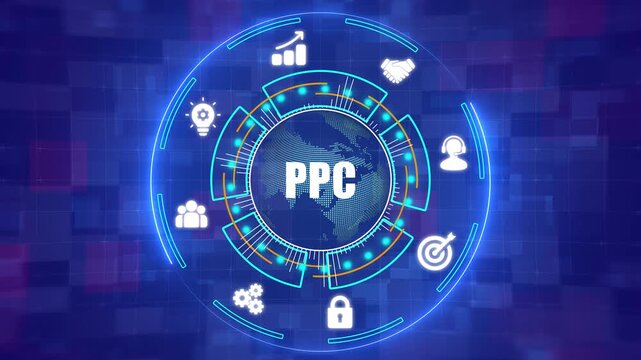 PPC Advertising Campaign and Pay Per Click Analytics Concept with Digital HUD Interface - 4K