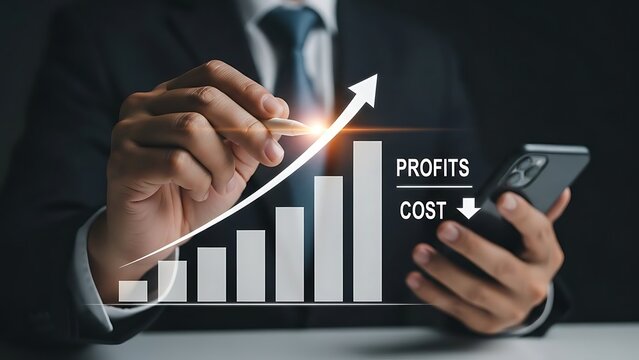 Business Strategy for Growth Showing Profits Rising and Cost Decreasing on Digital Bar Graph Interface - Powered by Adobe