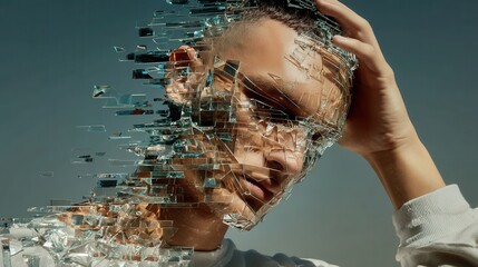 Conceptual portrait of a person with a fragmented digital glitch effect across the face. Visual metaphor for identity, technology, distortion, and the impact of the digital age on the human mind.