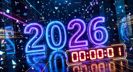 Futuristic New Year 2026 Countdown with Neon Numbers and Glowing Clock