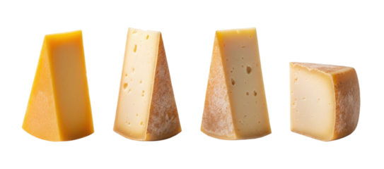 Four wedges of artisanal cheese with varying textures and colors displayed in a row isolated on transparent background
