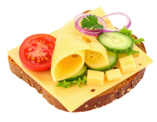 A delicious sandwich featuring layers of cheese, fresh vegetables, and lettuce on a slice of multigrain bread.