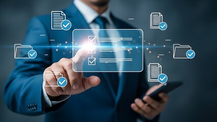 Digital Document Management System with Businessman Touching Virtual Icons for File Verification and Approval