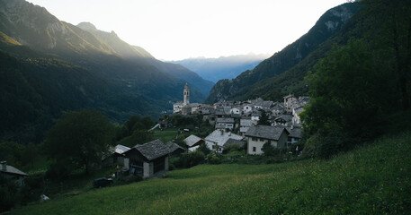 Soglio mountain village at sunset, Bregaglia, Switzerland