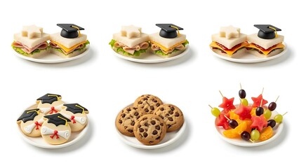 Graduation themed appetizers and desserts on white background