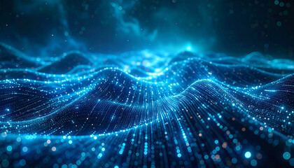 Digital Sea: Dive into a mesmerizing digital landscape of undulating waves, crafted from countless shimmering points of data, flowing in an ethereal symphony of light and information.