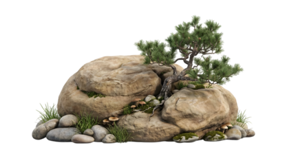 Bonsai Tree on Large Rock with Mushrooms stone pine