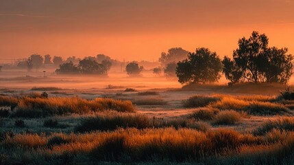 Sunrise through fog over meadows, quiet countryside beauty.