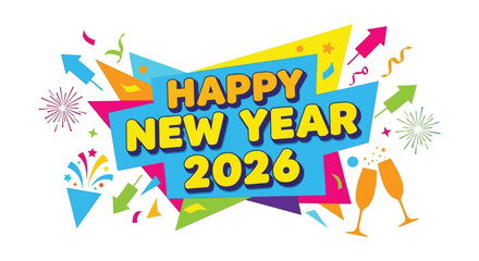A vibrant and colorful new year 2026 celebration illustration with fireworks champagne and celebratory arrows