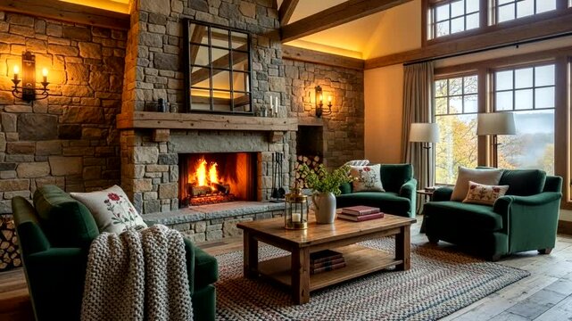 Modern rustic living room with stone fireplace and soft window daylight in comfortable home interior scene seamless looping 4k time-lapse animation video background. Interior concept