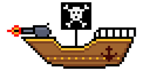 Pirate ship with pixel art on white background.