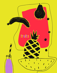 Vector fruit poster. Textured silhouette fruits with contour graphics.