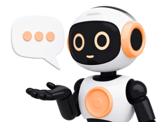 Cute AI Chatbot Robot Head 3D Render with Yellow Thinking Speech Bubble isolated on Transparent Background