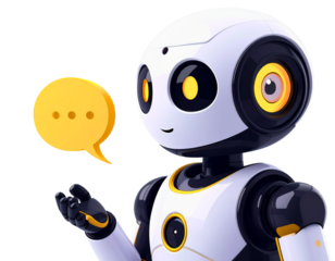 Cute AI Chatbot Robot Head 3D Render with Yellow Thinking Speech Bubble isolated on Transparent Background