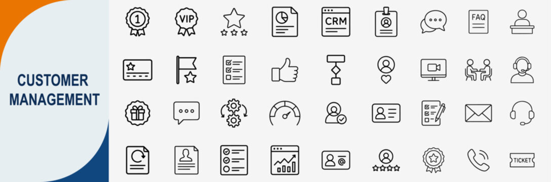 customer management and crm icons collection, thin line outline vector - Powered by Adobe