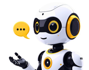 Cute AI Chatbot Robot Head 3D Render with Yellow Thinking Speech Bubble isolated on Transparent Background