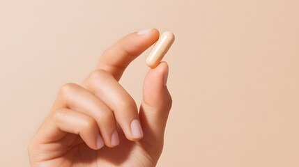 Hand Holding a Sleek Beige Supplement Capsule. Health, Wellness, and Nutraceutical Concept.