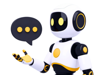 Cute AI Chatbot Robot Head 3D Render with Yellow Thinking Speech Bubble isolated on Transparent Background