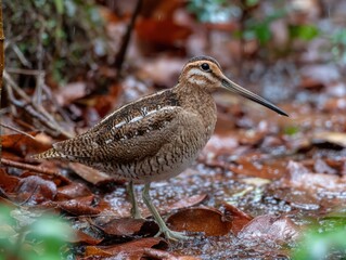 Eurasian woodcock in forest habitat during autumn season.