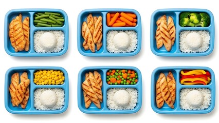 Prepared meals assortment with rice and vegetables on white